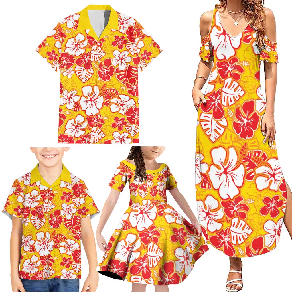 Yellow Hawaii Hibiscus Family Matching Summer Maxi Dress and Hawaiian Shirt Tropical Flowers Seamless Pattern - Polynesian Pride