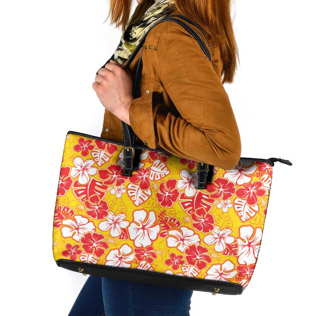 Yellow Hawaii Hibiscus Leather Tote Bag Tropical Flowers Seamless Pattern LT14 Yellow - Polynesian Pride