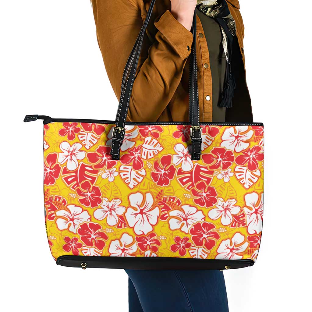 Yellow Hawaii Hibiscus Leather Tote Bag Tropical Flowers Seamless Pattern LT14 - Polynesian Pride