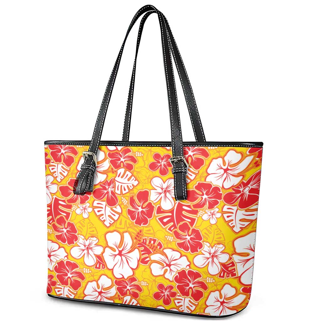 Yellow Hawaii Hibiscus Leather Tote Bag Tropical Flowers Seamless Pattern LT14 - Polynesian Pride