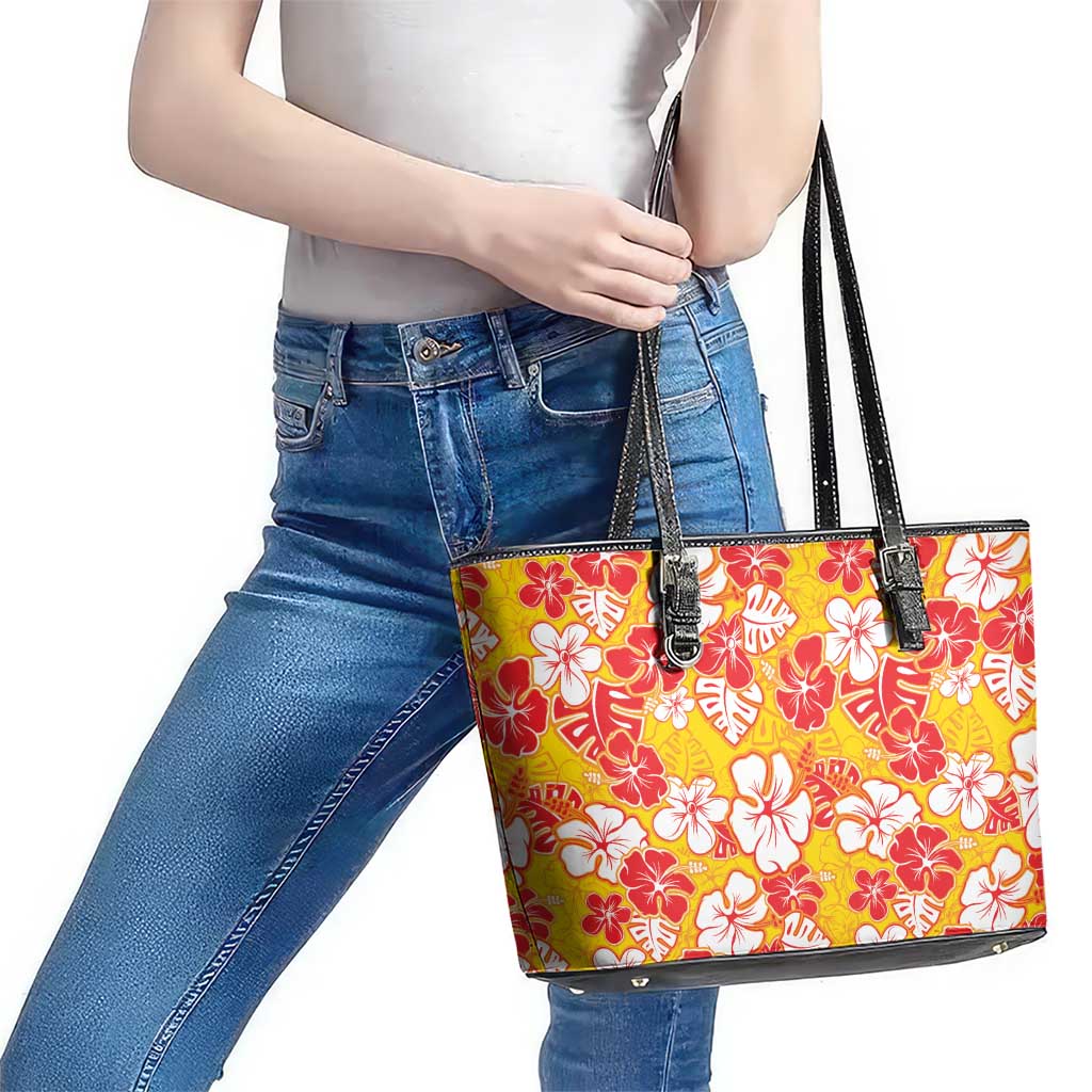 Yellow Hawaii Hibiscus Leather Tote Bag Tropical Flowers Seamless Pattern LT14 - Polynesian Pride