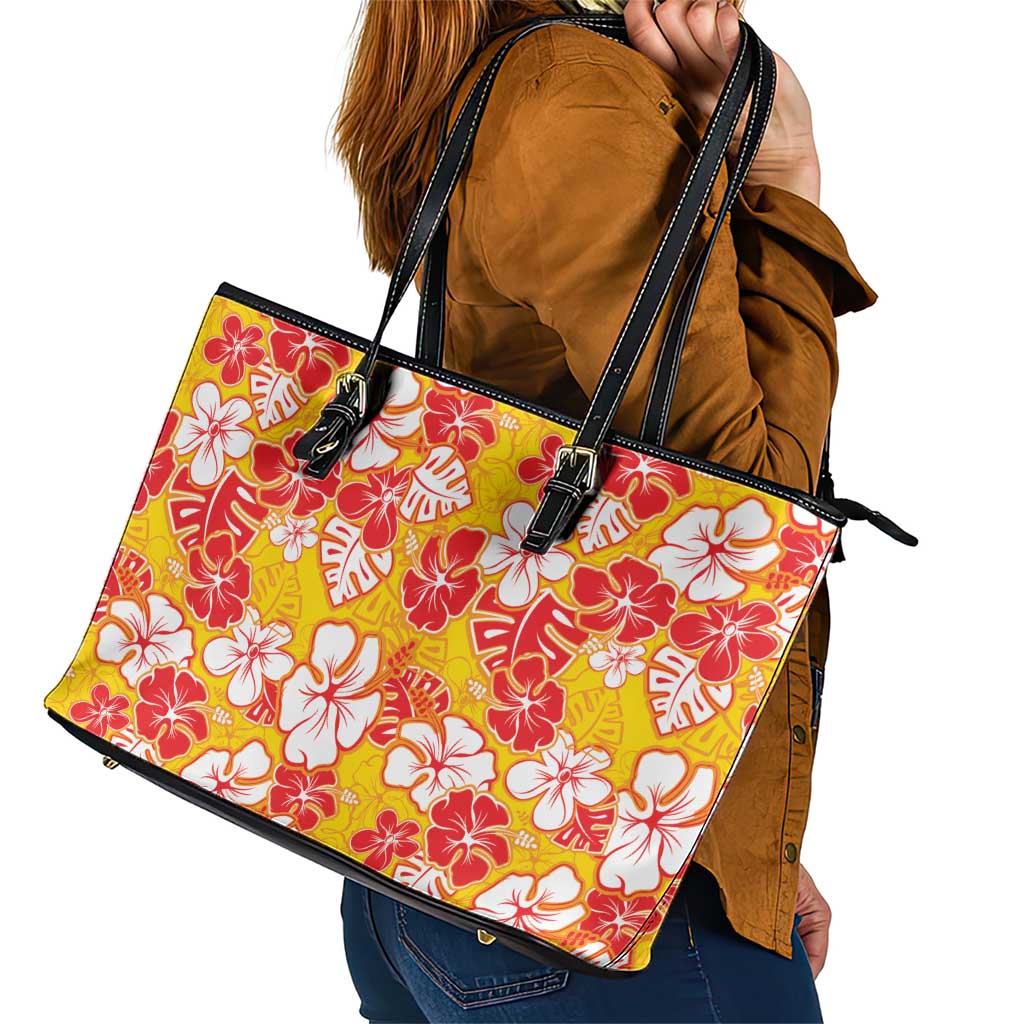Yellow Hawaii Hibiscus Leather Tote Bag Tropical Flowers Seamless Pattern LT14 - Polynesian Pride