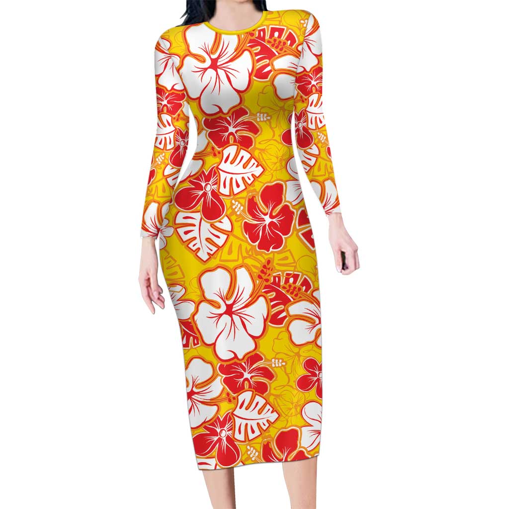 Yellow Hawaii Hibiscus Long Sleeve Bodycon Dress Tropical Flowers Seamless Pattern LT14 Long Dress Yellow - Polynesian Pride