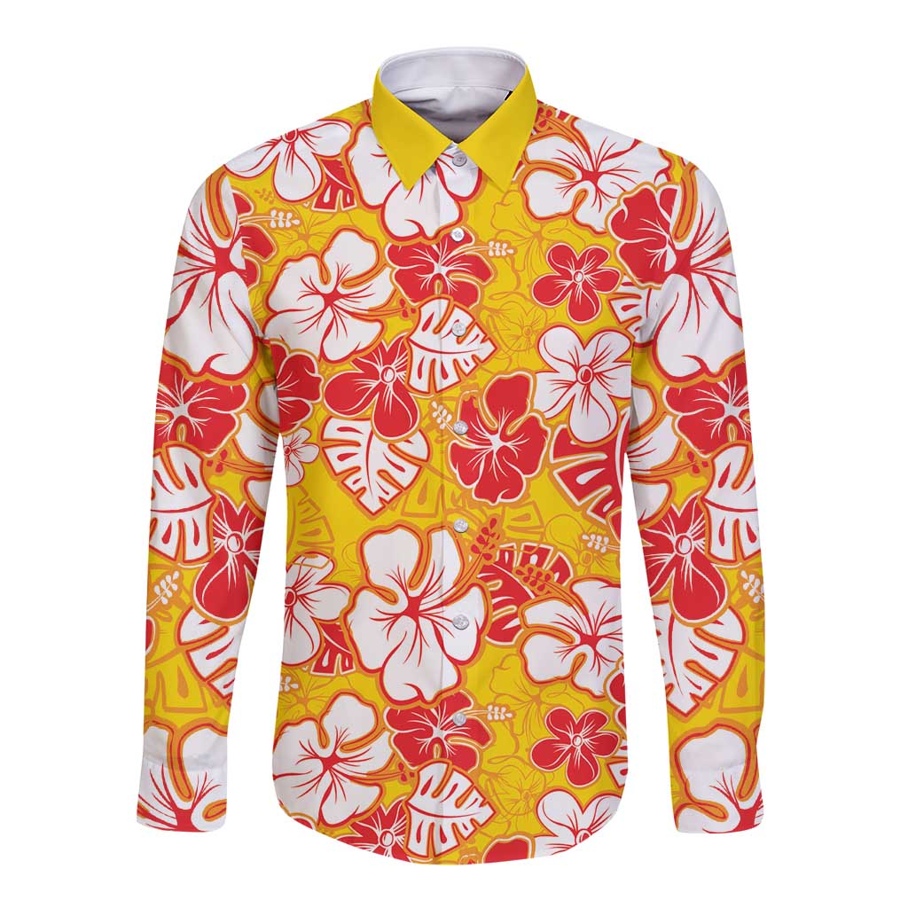 Yellow Hawaii Hibiscus Long Sleeve Button Shirt Tropical Flowers Seamless Pattern LT14 Unisex Yellow - Polynesian Pride