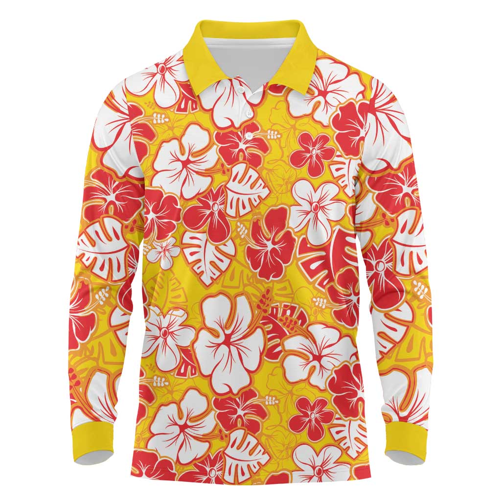 Yellow Hawaii Hibiscus Long Sleeve Polo Shirt Tropical Flowers Seamless Pattern LT14 Yellow - Polynesian Pride