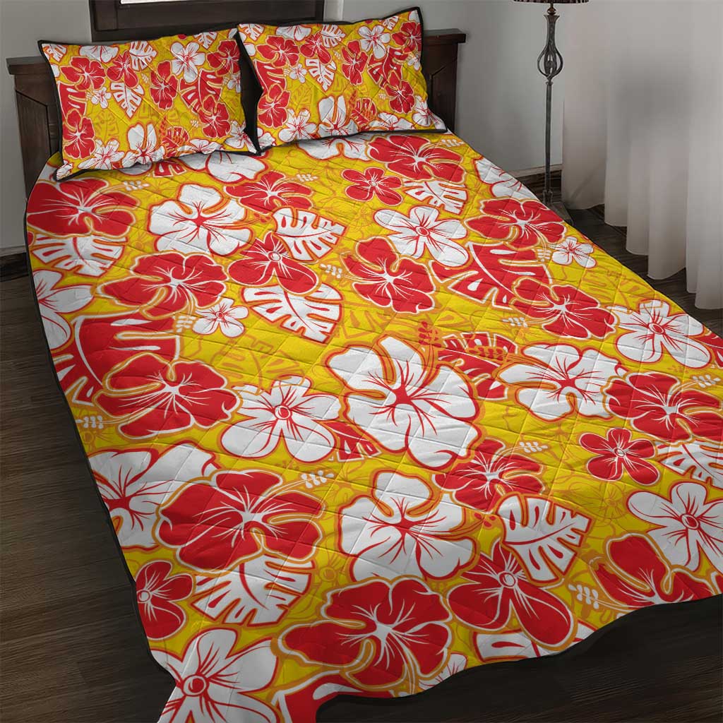 Yellow Hawaii Hibiscus Quilt Bed Set Tropical Flowers Seamless Pattern - Polynesian Pride