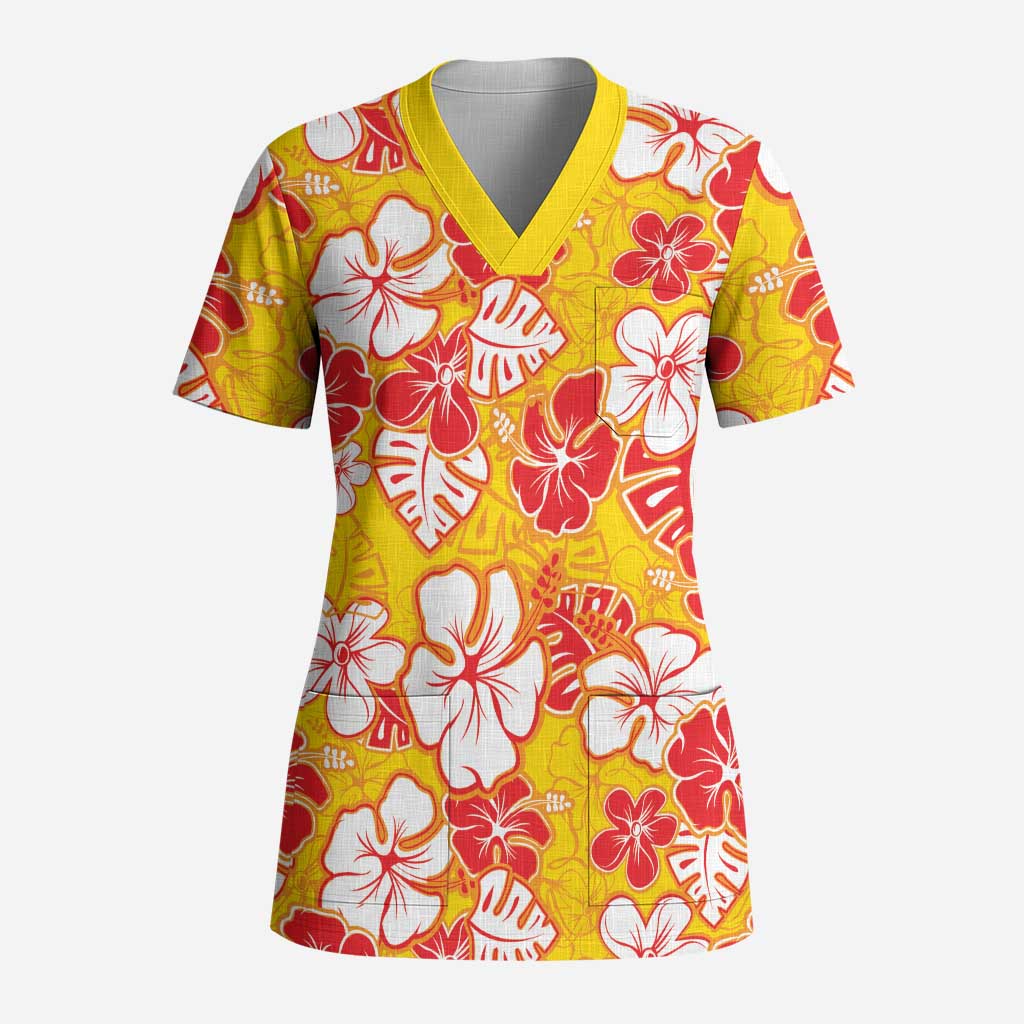 Yellow Hawaii Hibiscus Scrub Top Tropical Flowers Seamless Pattern - Polynesian Pride