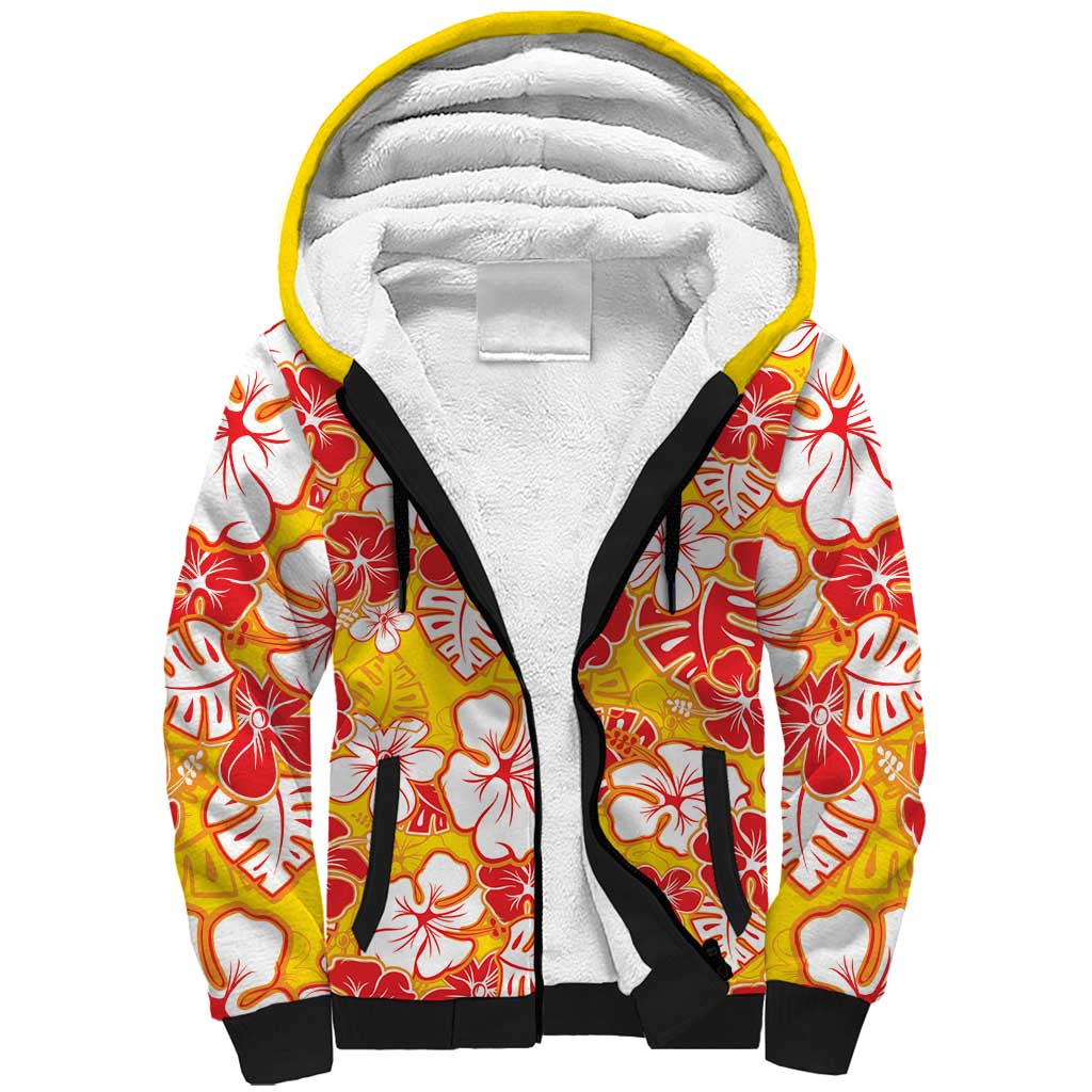 Yellow Hawaii Hibiscus Sherpa Hoodie Tropical Flowers Seamless Pattern - Polynesian Pride