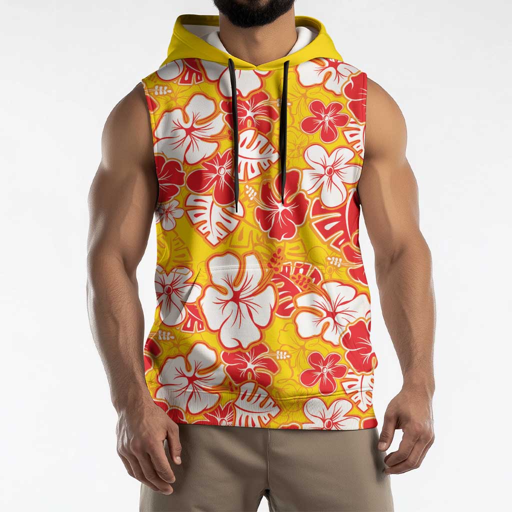 Yellow Hawaii Hibiscus Sleeveless Hoodie Tropical Flowers Seamless Pattern - Polynesian Pride