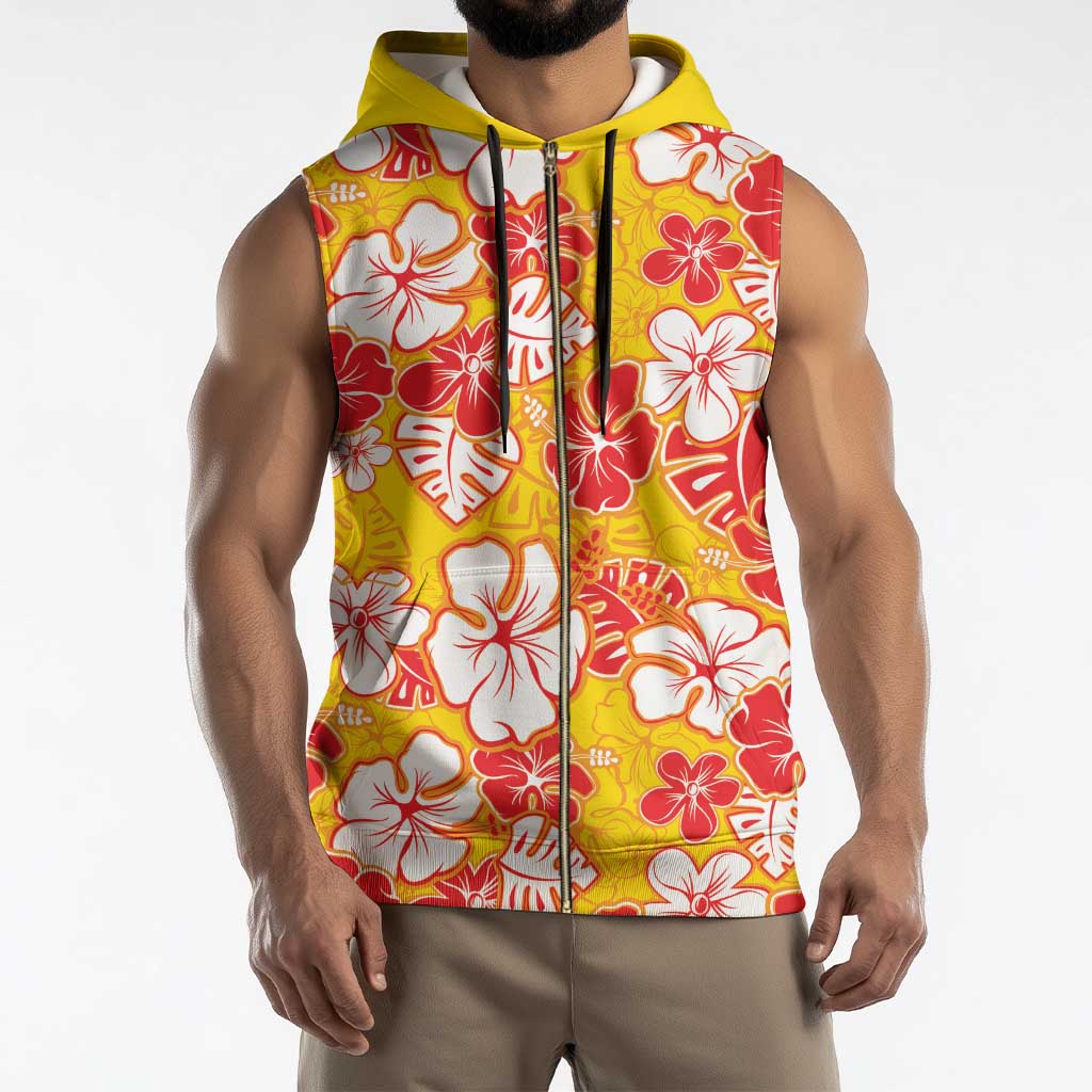 Yellow Hawaii Hibiscus Sleeveless Zip Hoodie Tropical Flowers Seamless Pattern - Polynesian Pride