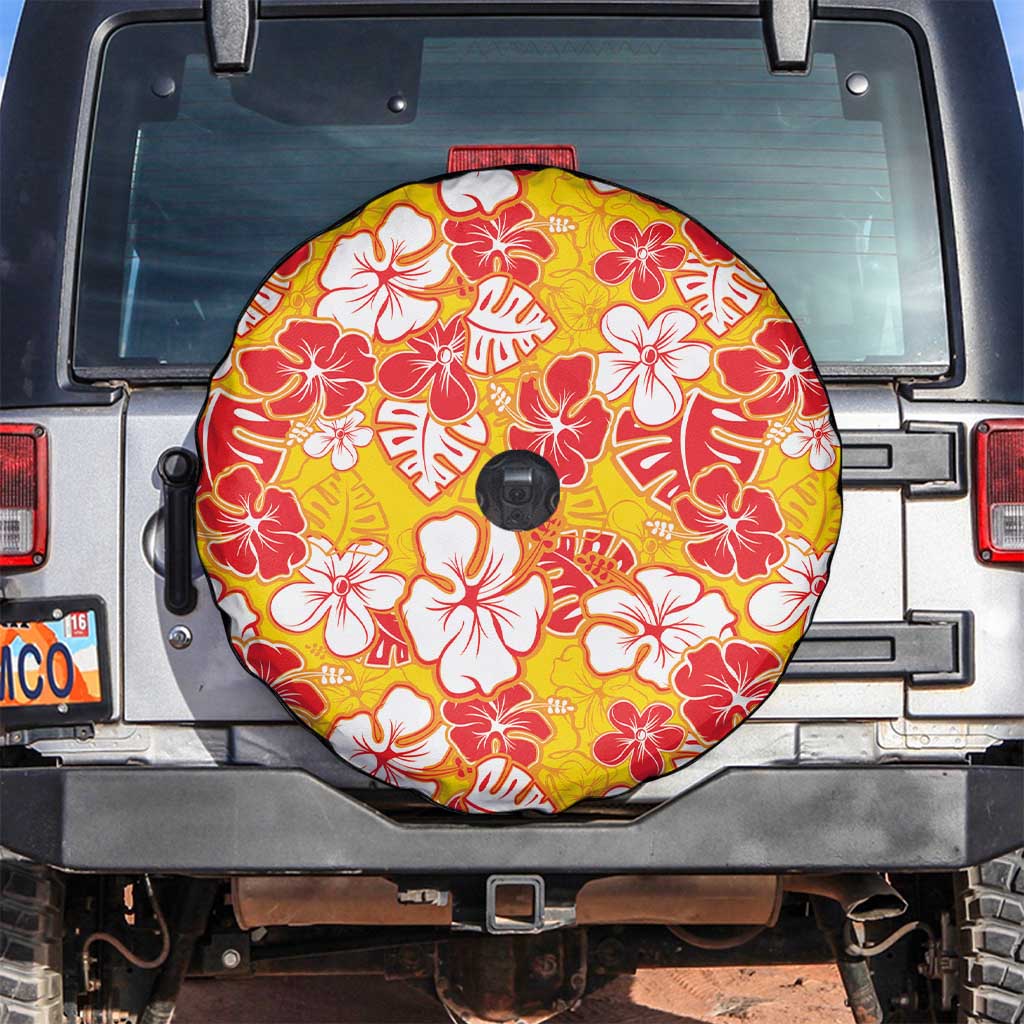 Yellow Hawaii Hibiscus Spare Tire Cover Tropical Flowers Seamless Pattern - Polynesian Pride