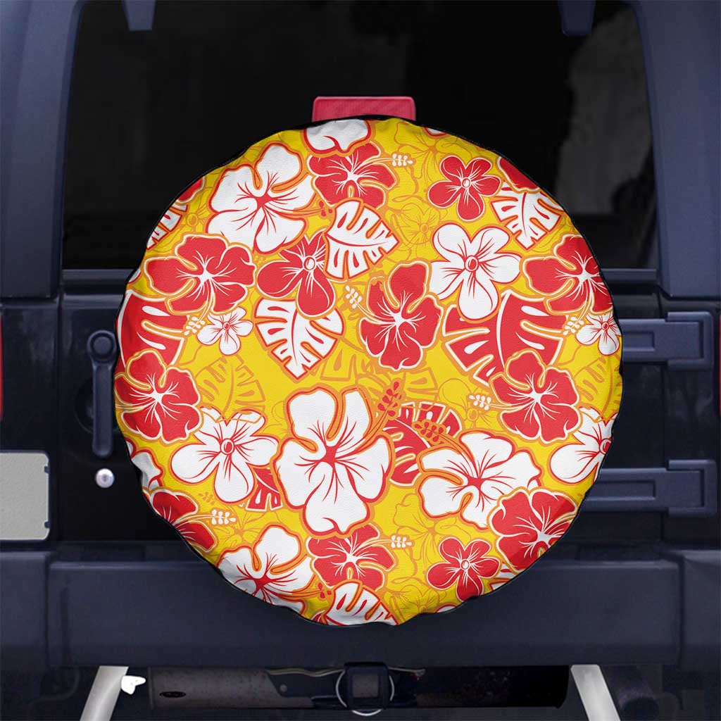Yellow Hawaii Hibiscus Spare Tire Cover Tropical Flowers Seamless Pattern - Polynesian Pride