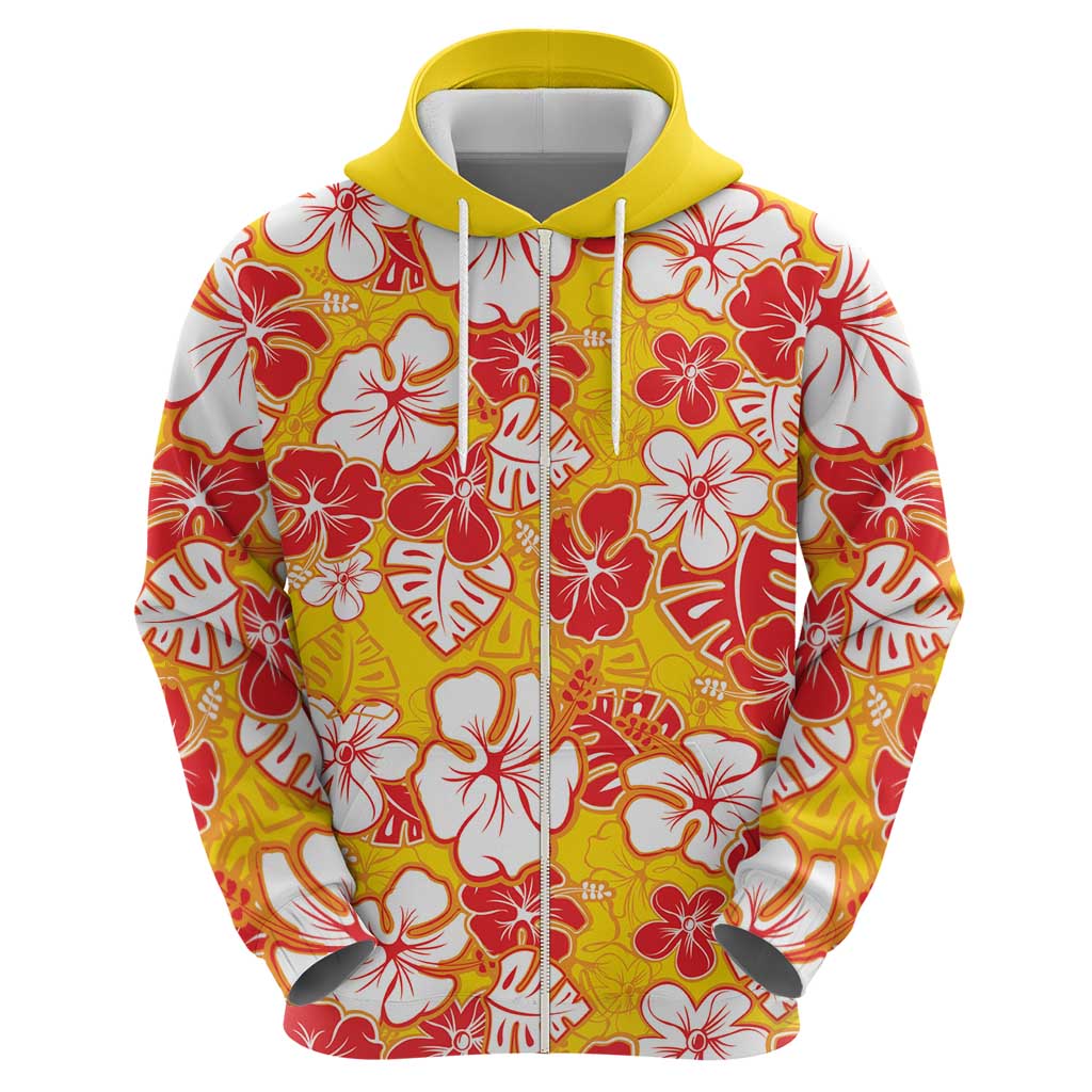 Yellow Hawaii Hibiscus Zip Hoodie Tropical Flowers Seamless Pattern - Polynesian Pride