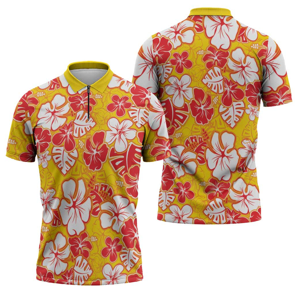 Yellow Hawaii Hibiscus Zipper Polo Shirt Tropical Flowers Seamless Pattern - Polynesian Pride