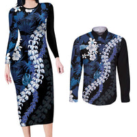Polu Aloha Hawaii Lei Couples Matching Long Sleeve Bodycon Dress and Long Sleeve Button Shirt Tropical Flowers Elegant Vibe LT14 Blue - Polynesian Pride