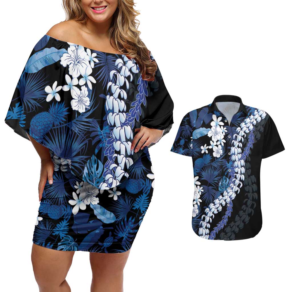 Polu Aloha Hawaii Lei Couples Matching Off Shoulder Short Dress and Hawaiian Shirt Tropical Flowers Elegant Vibe LT14 Blue - Polynesian Pride