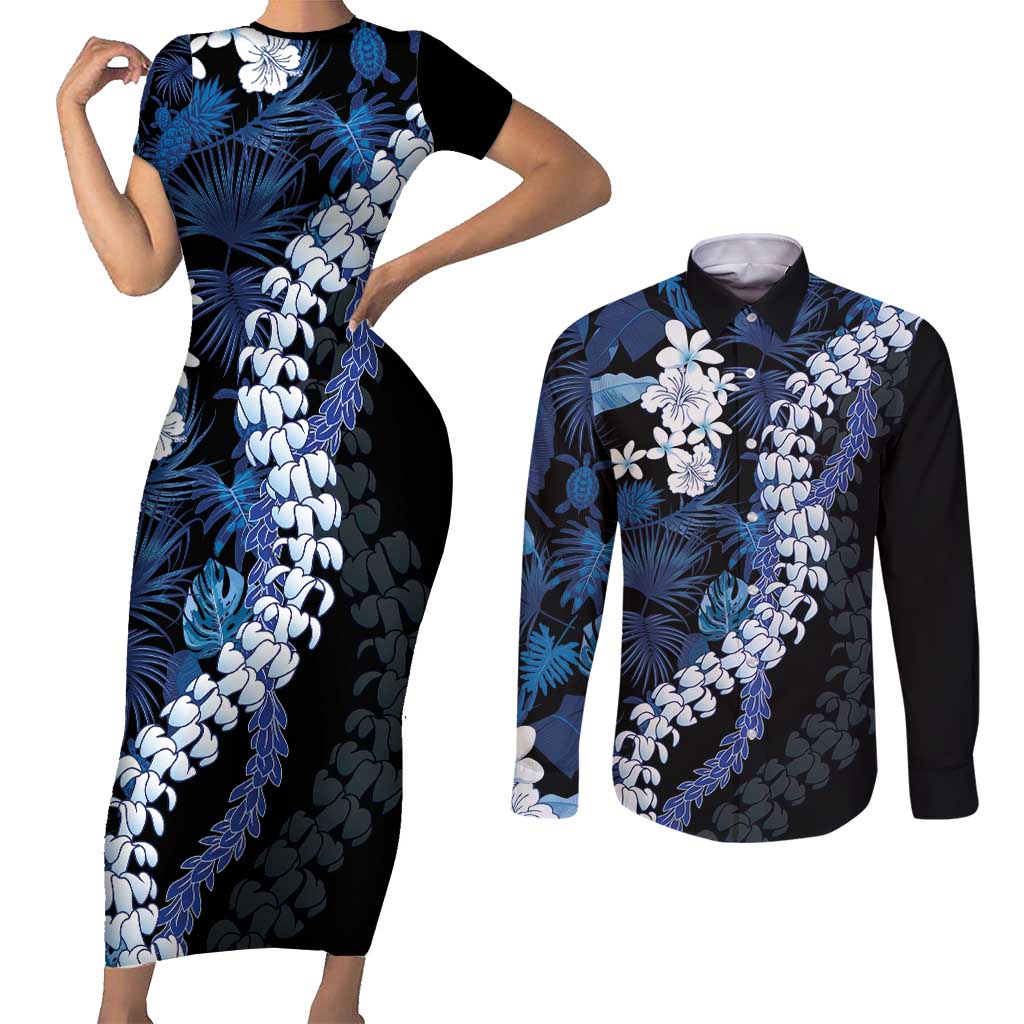 Polu Aloha Hawaii Lei Couples Matching Short Sleeve Bodycon Dress and Long Sleeve Button Shirt Tropical Flowers Elegant Vibe - Polynesian Pride