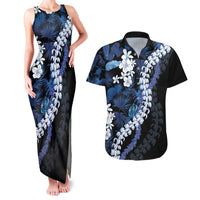 Polu Aloha Hawaii Lei Couples Matching Tank Maxi Dress and Hawaiian Shirt Tropical Flowers Elegant Vibe LT14 Blue - Polynesian Pride