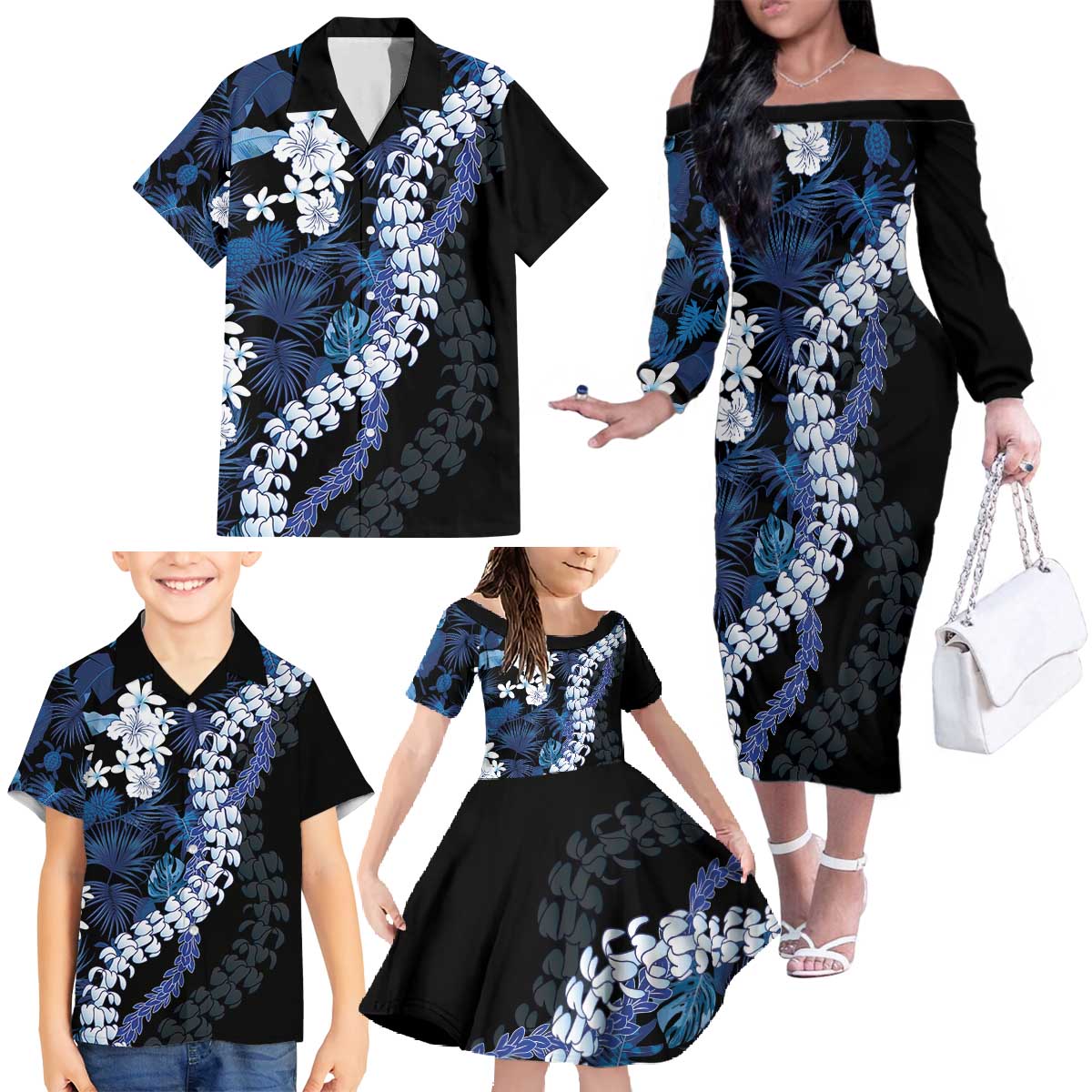 Polu Aloha Hawaii Lei Family Matching Off The Shoulder Long Sleeve Dress and Hawaiian Shirt Tropical Flowers Elegant Vibe - Polynesian Pride