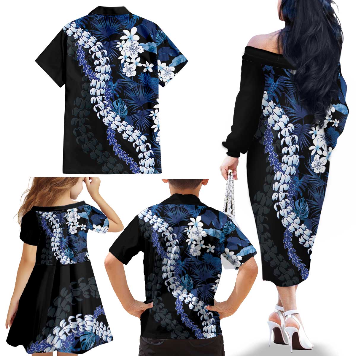 Polu Aloha Hawaii Lei Family Matching Off The Shoulder Long Sleeve Dress and Hawaiian Shirt Tropical Flowers Elegant Vibe - Polynesian Pride