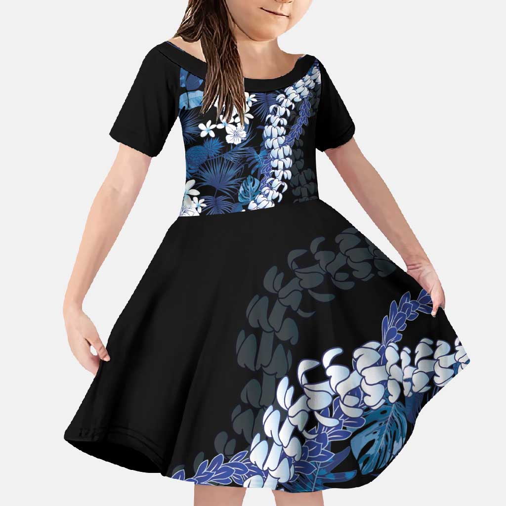 Polu Aloha Hawaii Lei Family Matching Off Shoulder Maxi Dress and Hawaiian Shirt Tropical Flowers Elegant Vibe LT14 Daughter's Dress Blue - Polynesian Pride