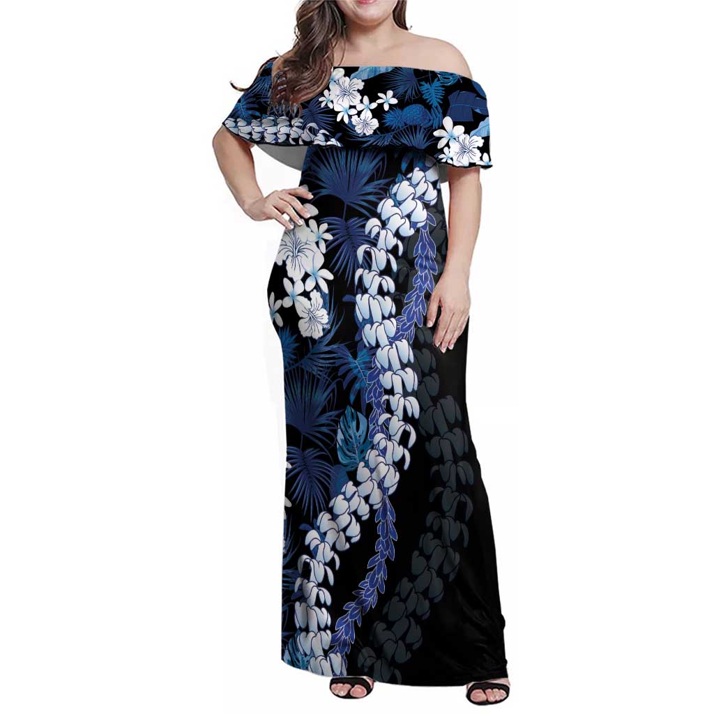 Polu Aloha Hawaii Lei Family Matching Off Shoulder Maxi Dress and Hawaiian Shirt Tropical Flowers Elegant Vibe LT14 Mom's Dress Blue - Polynesian Pride
