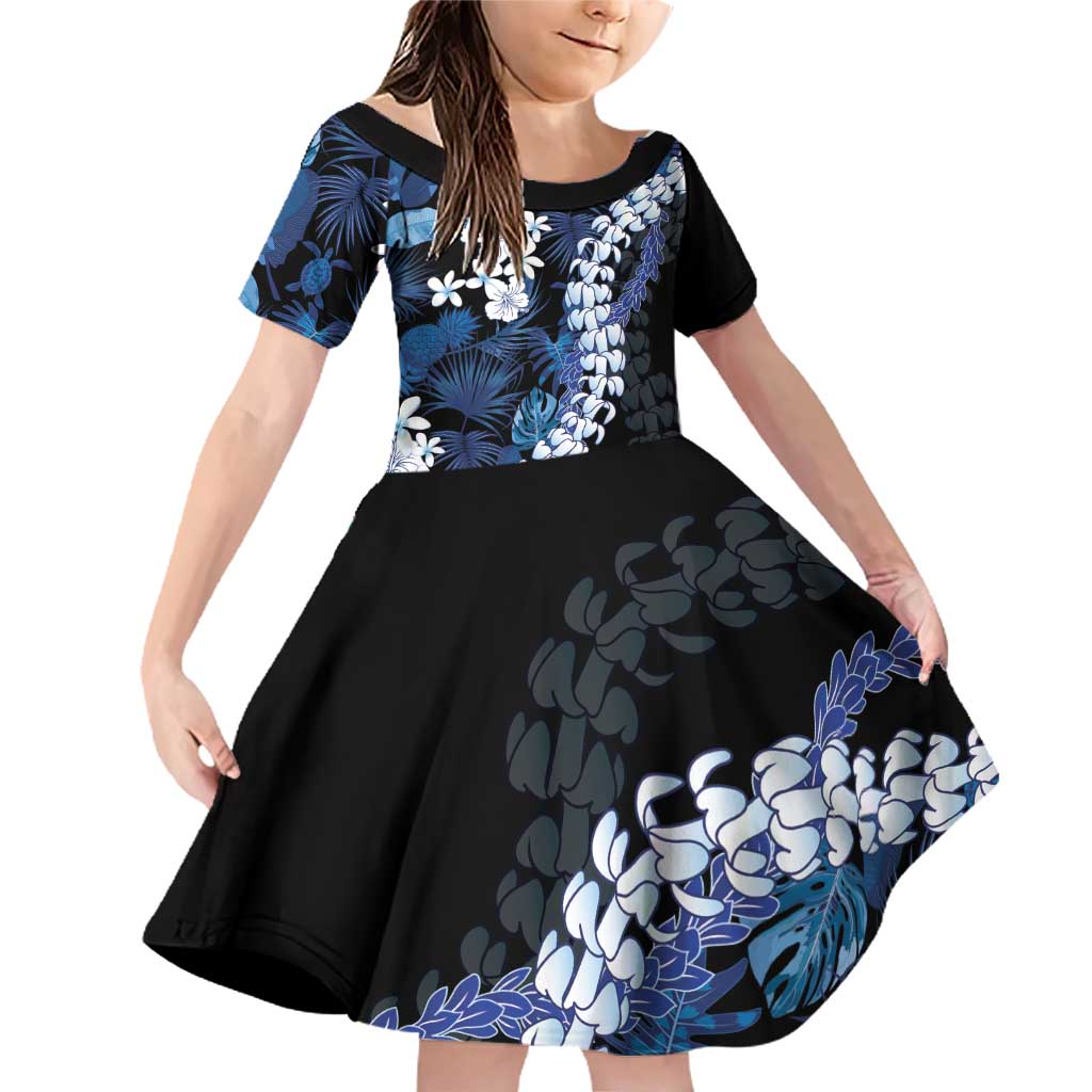 Polu Aloha Hawaii Lei Family Matching Off Shoulder Short Dress and Hawaiian Shirt Tropical Flowers Elegant Vibe LT14 Daughter's Dress Blue - Polynesian Pride