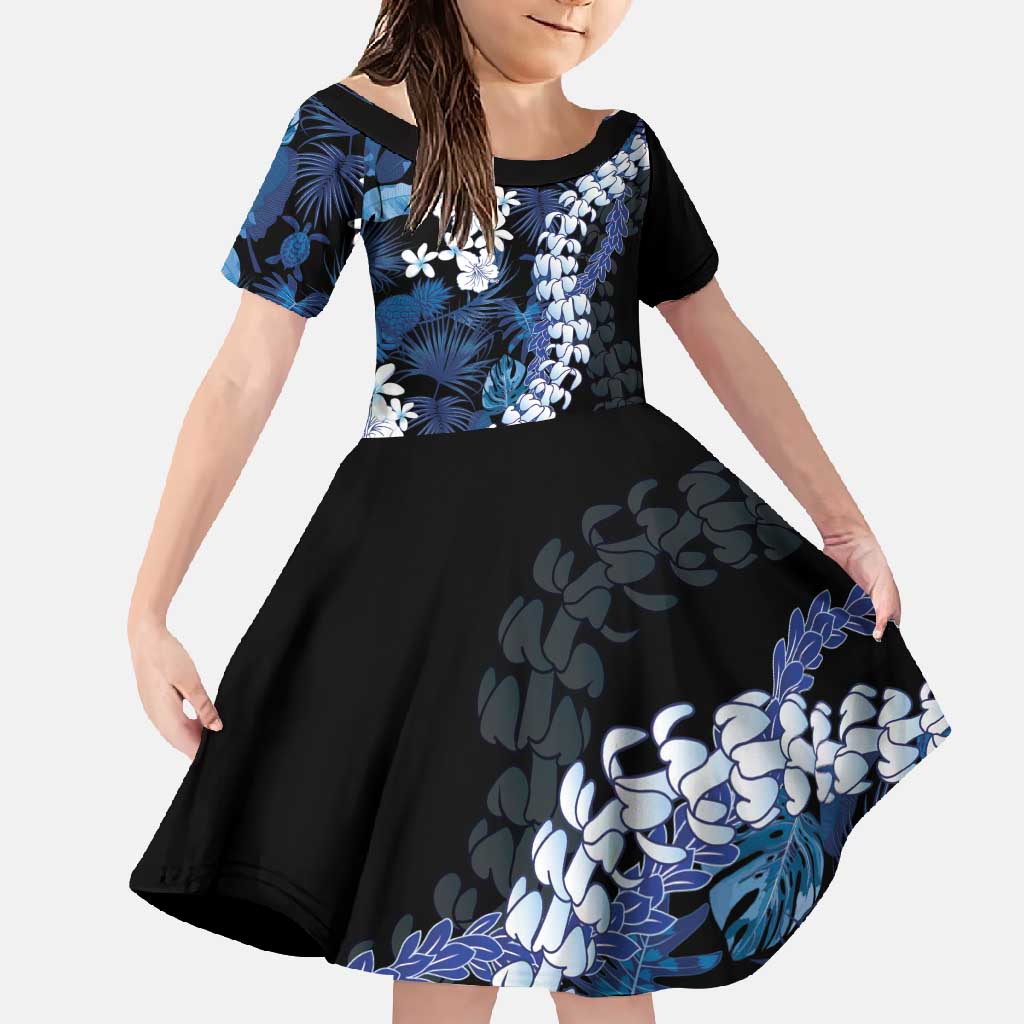Polu Aloha Hawaii Lei Family Matching Summer Maxi Dress and Hawaiian Shirt Tropical Flowers Elegant Vibe LT14 Daughter's Dress Blue - Polynesian Pride