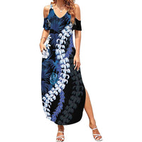 Polu Aloha Hawaii Lei Family Matching Summer Maxi Dress and Hawaiian Shirt Tropical Flowers Elegant Vibe LT14 Mom's Dress Blue - Polynesian Pride