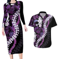 Poni Aloha Hawaii Lei Couples Matching Long Sleeve Bodycon Dress and Hawaiian Shirt Tropical Flowers Elegant Vibe LT14 Purple - Polynesian Pride
