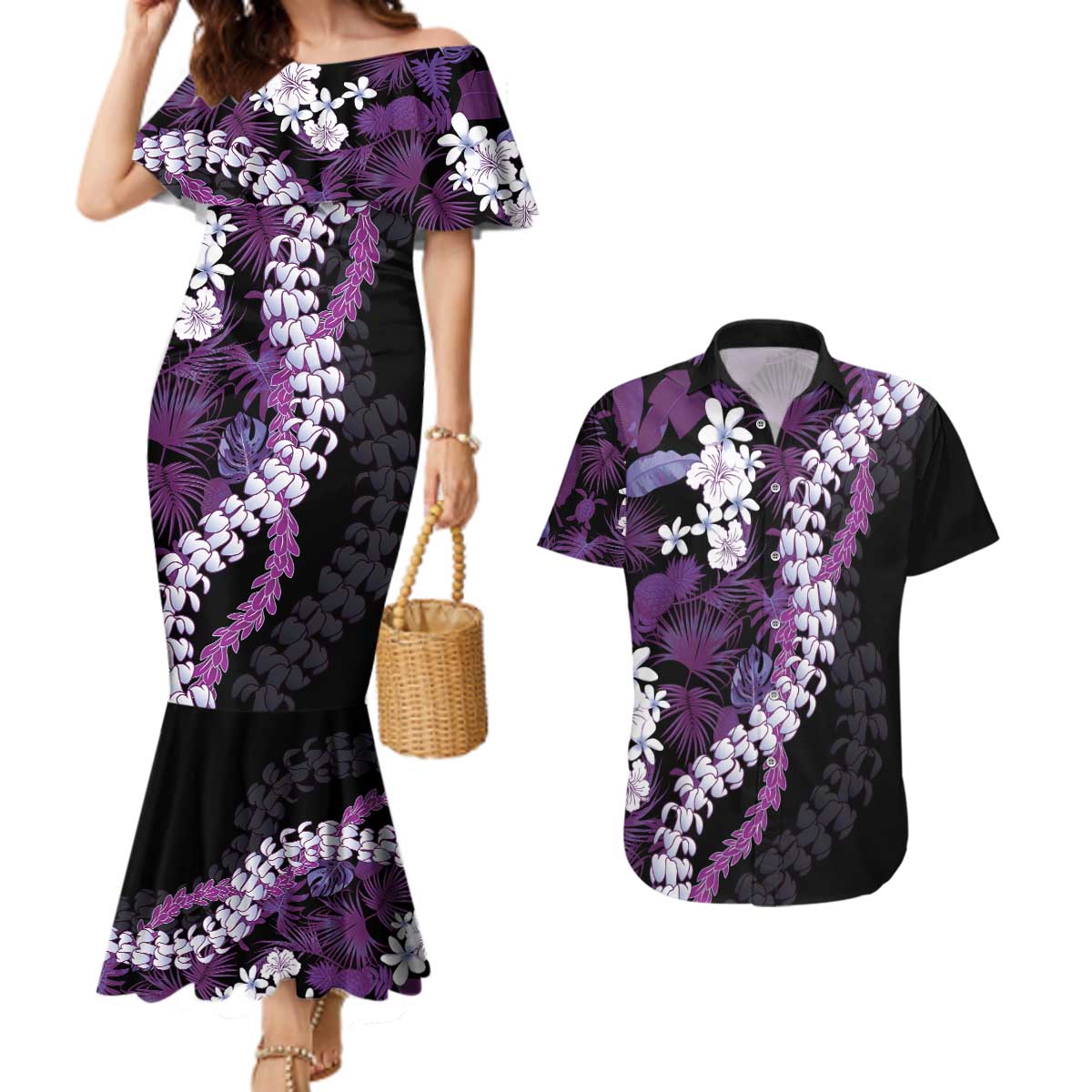 Poni Aloha Hawaii Lei Couples Matching Mermaid Dress and Hawaiian Shirt Tropical Flowers Elegant Vibe LT14 Purple - Polynesian Pride