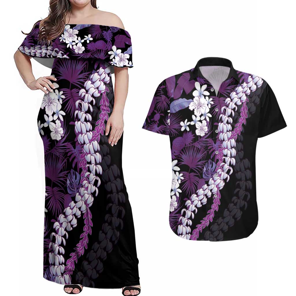 Poni Aloha Hawaii Lei Couples Matching Off Shoulder Maxi Dress and Hawaiian Shirt Tropical Flowers Elegant Vibe - Polynesian Pride