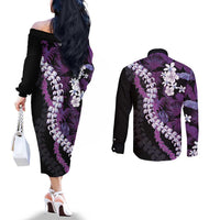 Poni Aloha Hawaii Lei Couples Matching Off The Shoulder Long Sleeve Dress and Long Sleeve Button Shirt Tropical Flowers Elegant Vibe - Polynesian Pride