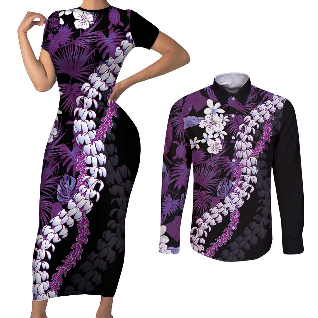 Poni Aloha Hawaii Lei Couples Matching Short Sleeve Bodycon Dress and Long Sleeve Button Shirt Tropical Flowers Elegant Vibe - Polynesian Pride