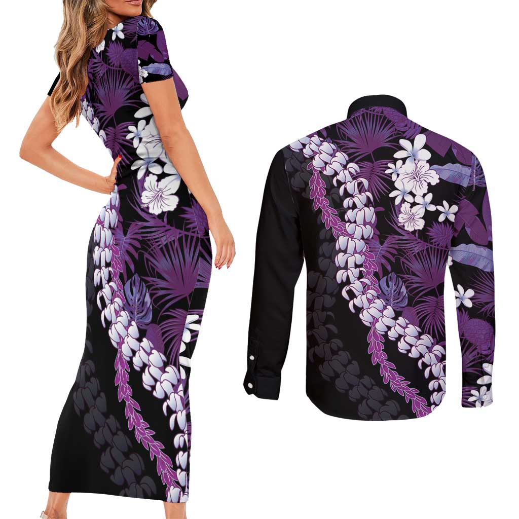 Poni Aloha Hawaii Lei Couples Matching Short Sleeve Bodycon Dress and Long Sleeve Button Shirt Tropical Flowers Elegant Vibe - Polynesian Pride