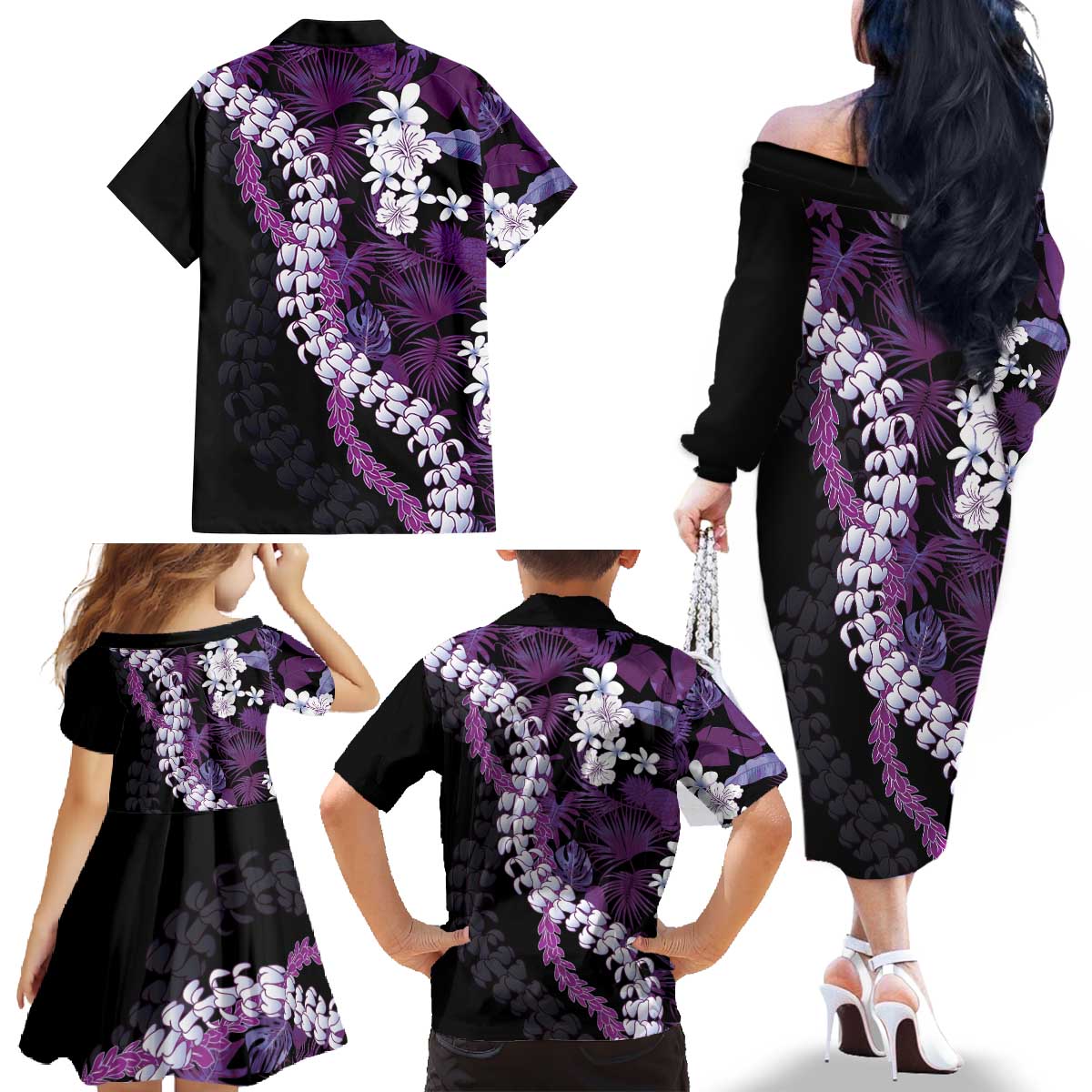 Poni Aloha Hawaii Lei Family Matching Off The Shoulder Long Sleeve Dress and Hawaiian Shirt Tropical Flowers Elegant Vibe - Polynesian Pride