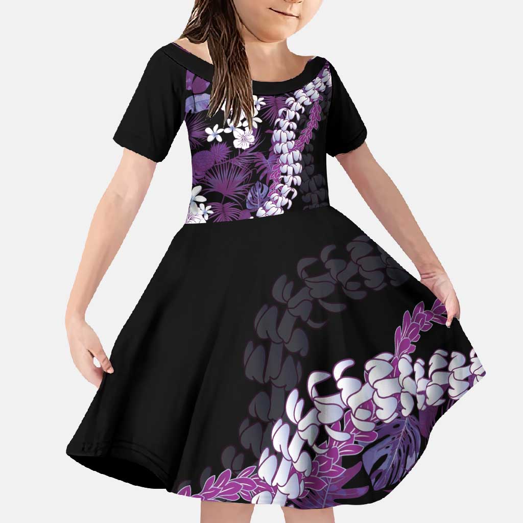 Poni Aloha Hawaii Lei Family Matching Off Shoulder Maxi Dress and Hawaiian Shirt Tropical Flowers Elegant Vibe LT14 Daughter's Dress Purple - Polynesian Pride