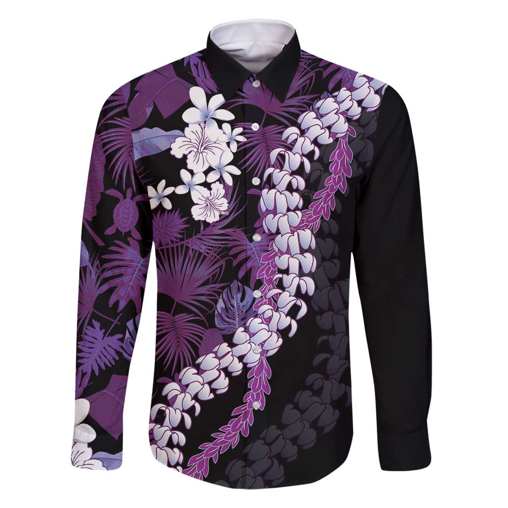 Poni Aloha Hawaii Lei Family Matching Off Shoulder Short Dress and Hawaiian Shirt Tropical Flowers Elegant Vibe LT14 Dad's Shirt - Long Sleeve Purple - Polynesian Pride