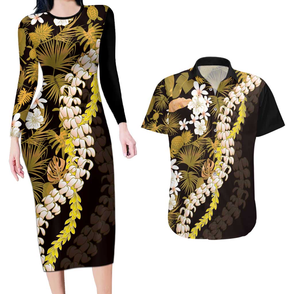 Kula Aloha Hawaii Lei Couples Matching Long Sleeve Bodycon Dress and Hawaiian Shirt Tropical Flowers Elegant Vibe LT14 Gold - Polynesian Pride
