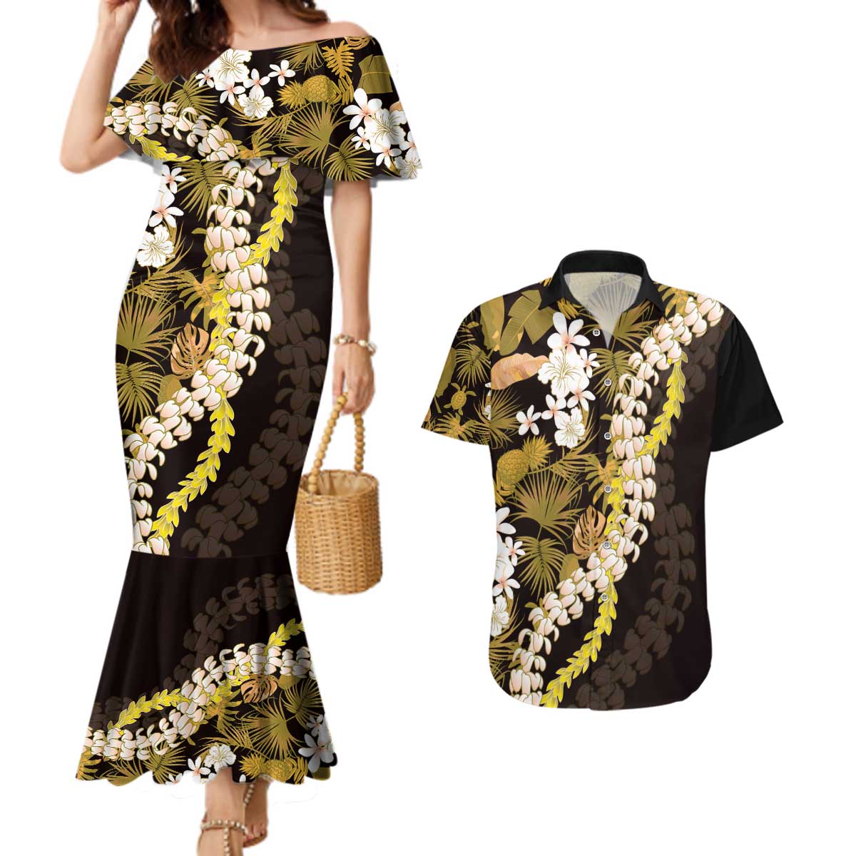 Kula Aloha Hawaii Lei Couples Matching Mermaid Dress and Hawaiian Shirt Tropical Flowers Elegant Vibe - Polynesian Pride