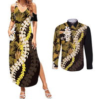 Kula Aloha Hawaii Lei Couples Matching Summer Maxi Dress and Long Sleeve Button Shirt Tropical Flowers Elegant Vibe LT14 Gold - Polynesian Pride