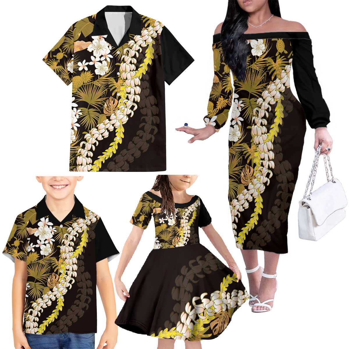 Kula Aloha Hawaii Lei Family Matching Off The Shoulder Long Sleeve Dress and Hawaiian Shirt Tropical Flowers Elegant Vibe - Polynesian Pride