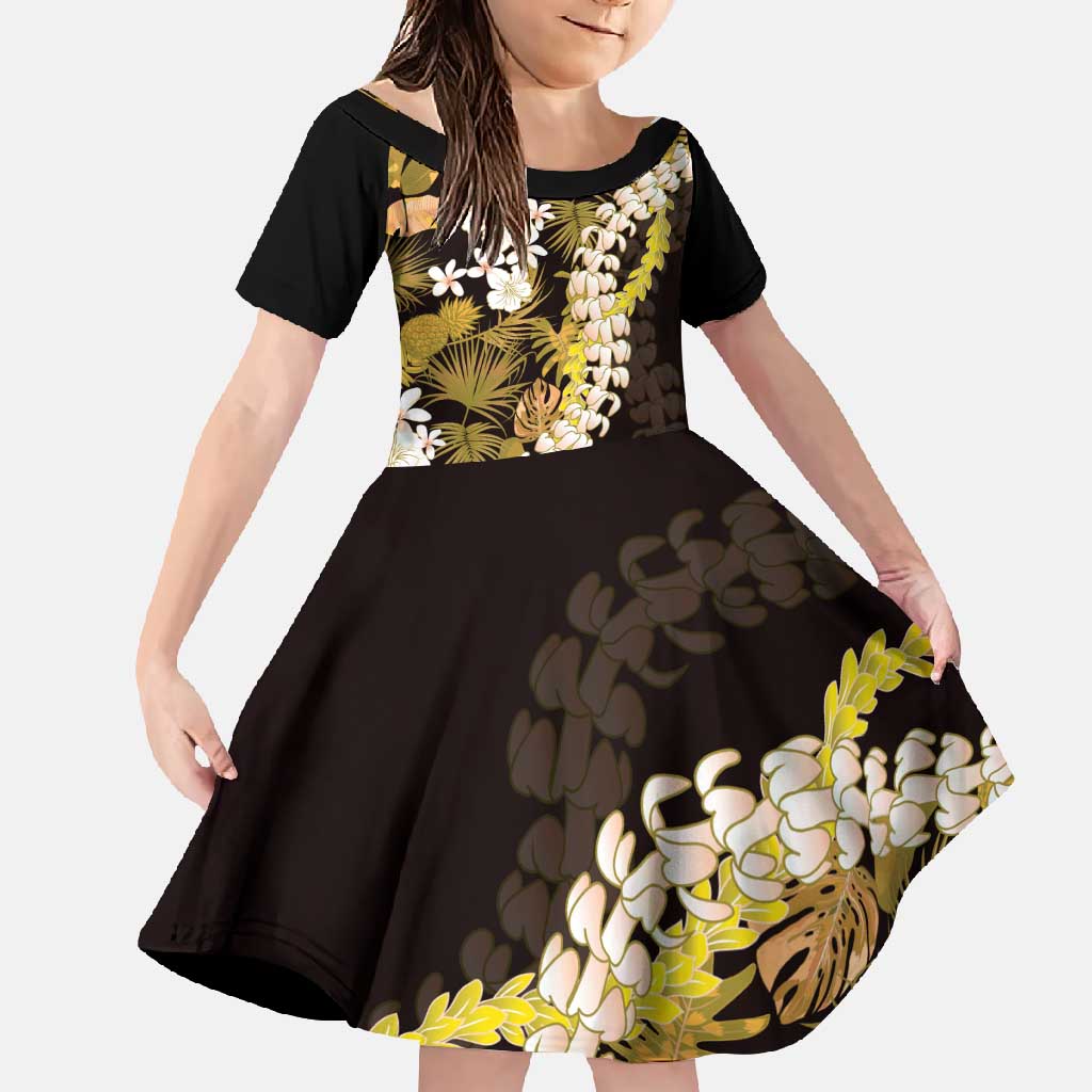 Kula Aloha Hawaii Lei Family Matching Off Shoulder Maxi Dress and Hawaiian Shirt Tropical Flowers Elegant Vibe LT14 Daughter's Dress Gold - Polynesian Pride