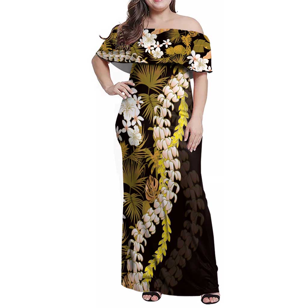 Kula Aloha Hawaii Lei Family Matching Off Shoulder Maxi Dress and Hawaiian Shirt Tropical Flowers Elegant Vibe LT14 Mom's Dress Gold - Polynesian Pride