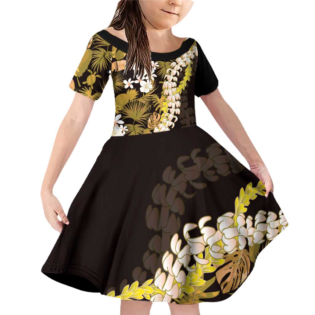 Kula Aloha Hawaii Lei Family Matching Off Shoulder Short Dress and Hawaiian Shirt Tropical Flowers Elegant Vibe LT14 Daughter's Dress Gold - Polynesian Pride