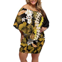 Kula Aloha Hawaii Lei Family Matching Off Shoulder Short Dress and Hawaiian Shirt Tropical Flowers Elegant Vibe LT14 Mom's Dress Gold - Polynesian Pride