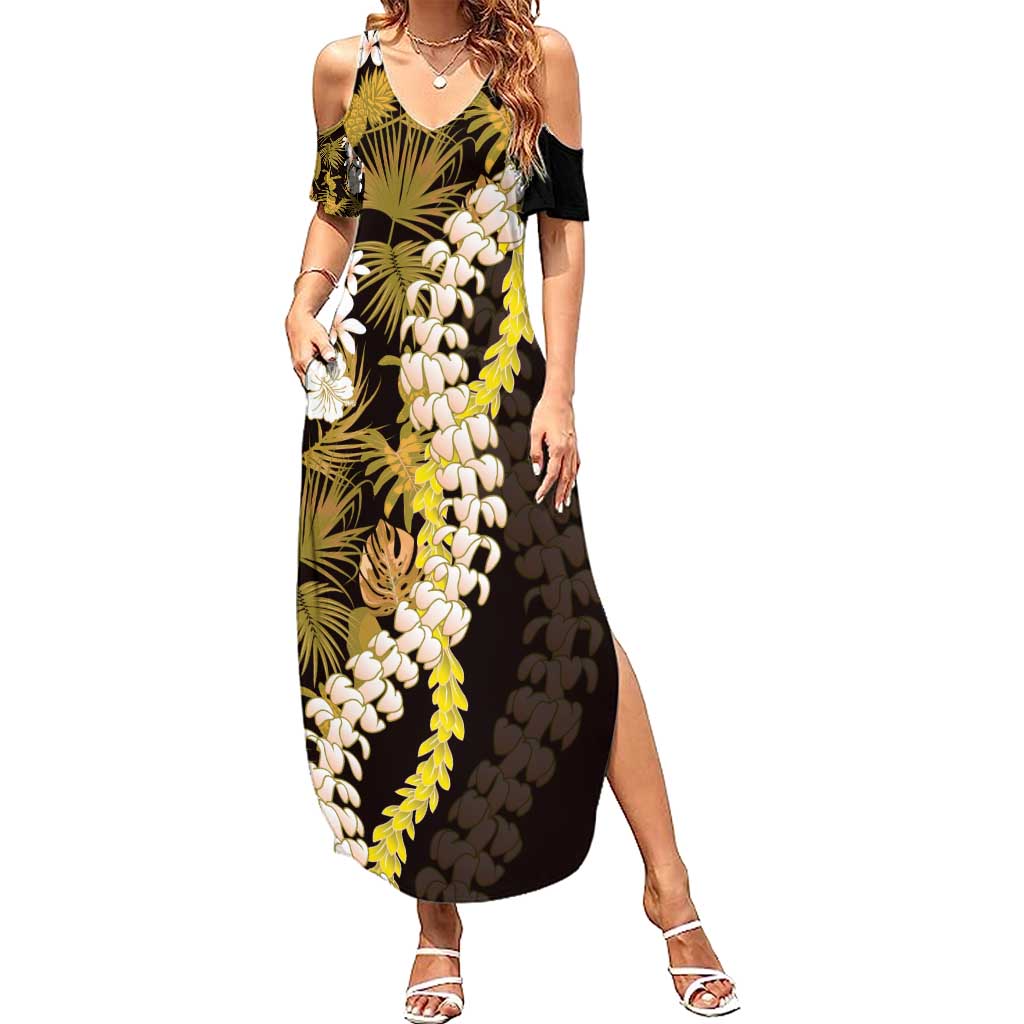 Kula Aloha Hawaii Lei Family Matching Summer Maxi Dress and Hawaiian Shirt Tropical Flowers Elegant Vibe LT14 Mom's Dress Gold - Polynesian Pride