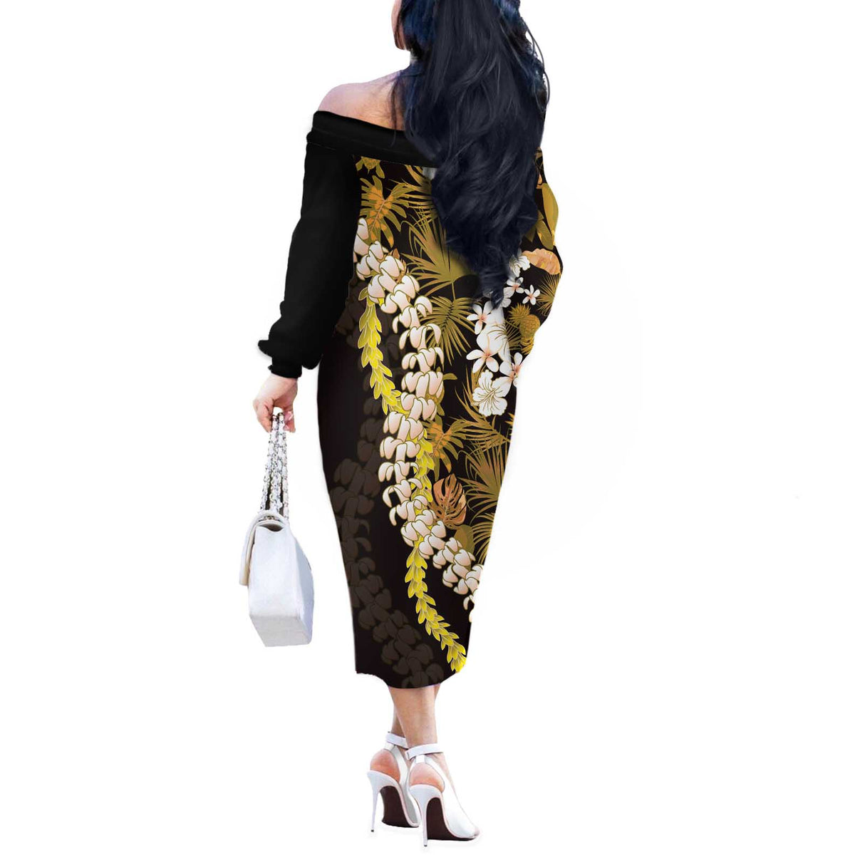 Kula Aloha Hawaii Lei Off The Shoulder Long Sleeve Dress Tropical Flowers Elegant Vibe - Polynesian Pride