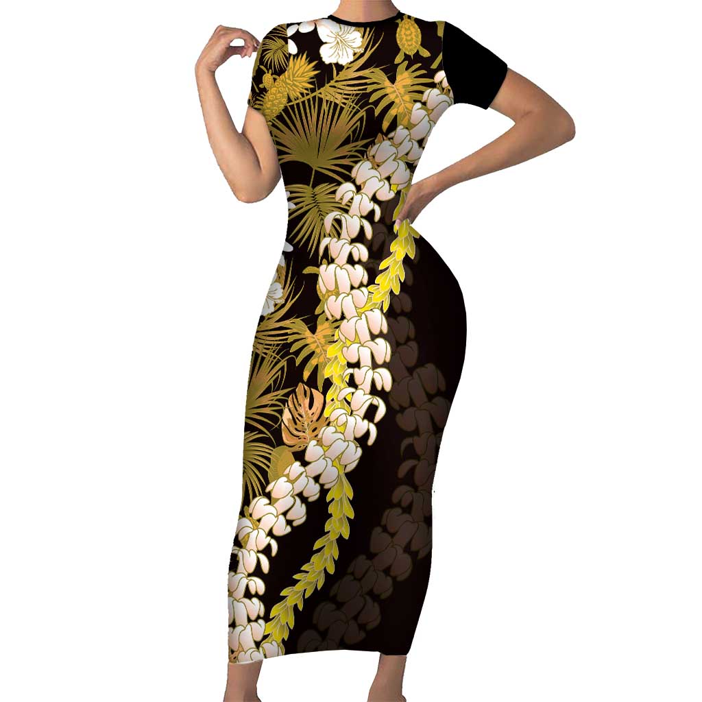 Kula Aloha Hawaii Lei Short Sleeve Bodycon Dress Tropical Flowers Elegant Vibe - Polynesian Pride