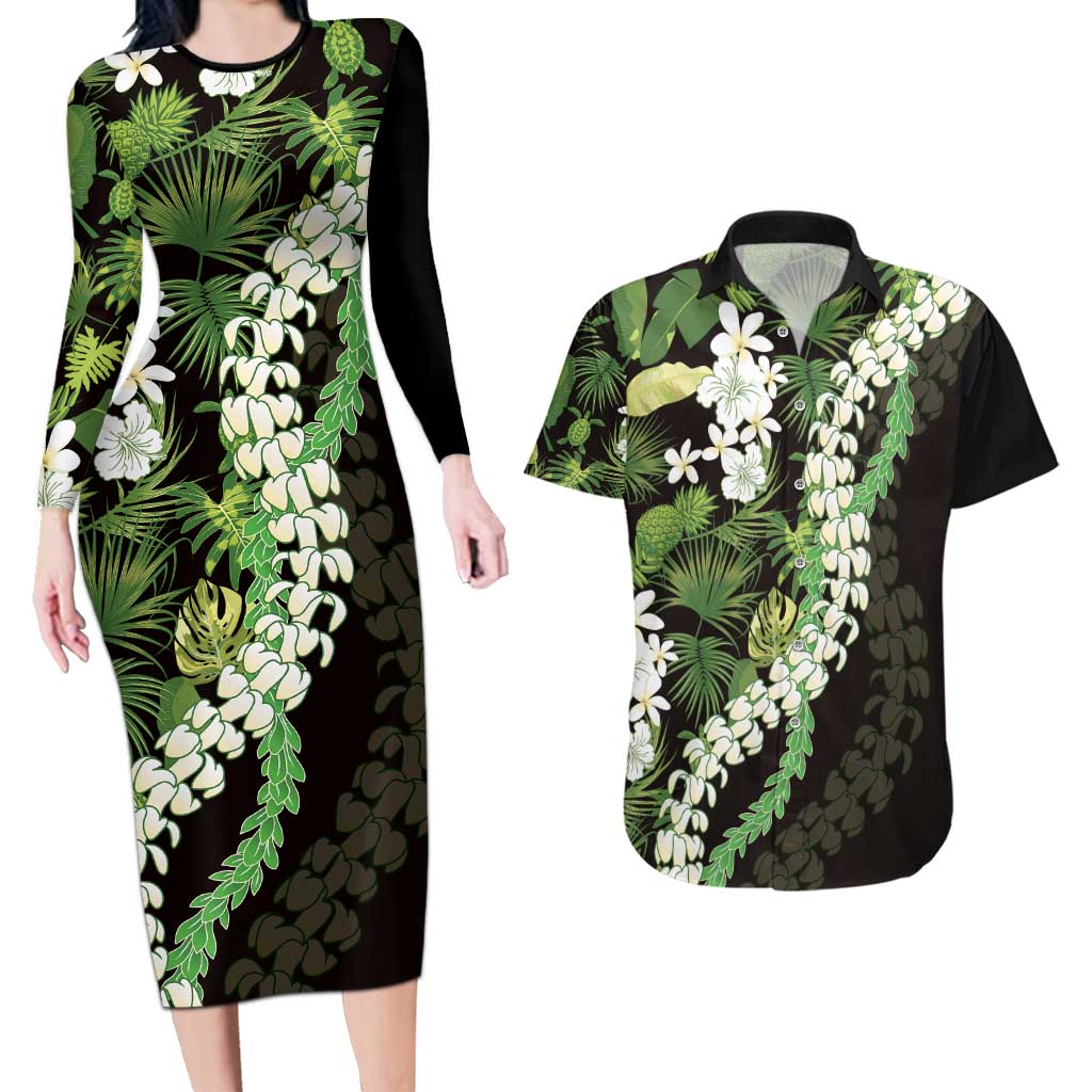 Omaomao Aloha Hawaii Lei Couples Matching Long Sleeve Bodycon Dress and Hawaiian Shirt Tropical Flowers Elegant Vibe LT14 Green - Polynesian Pride